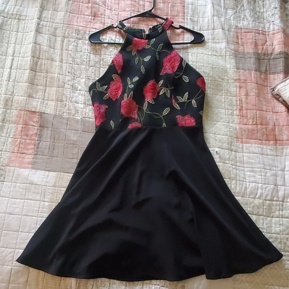 rose and black halter dress